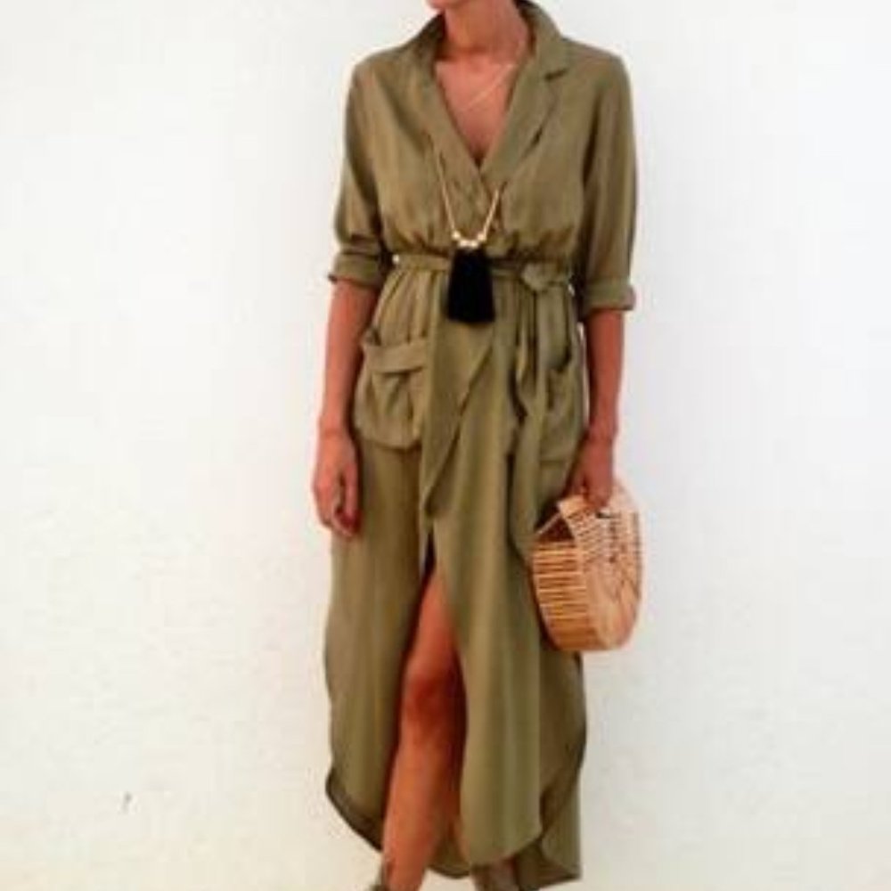 Tie Waist Split Maxi Dress/Shirt With Pockets XS